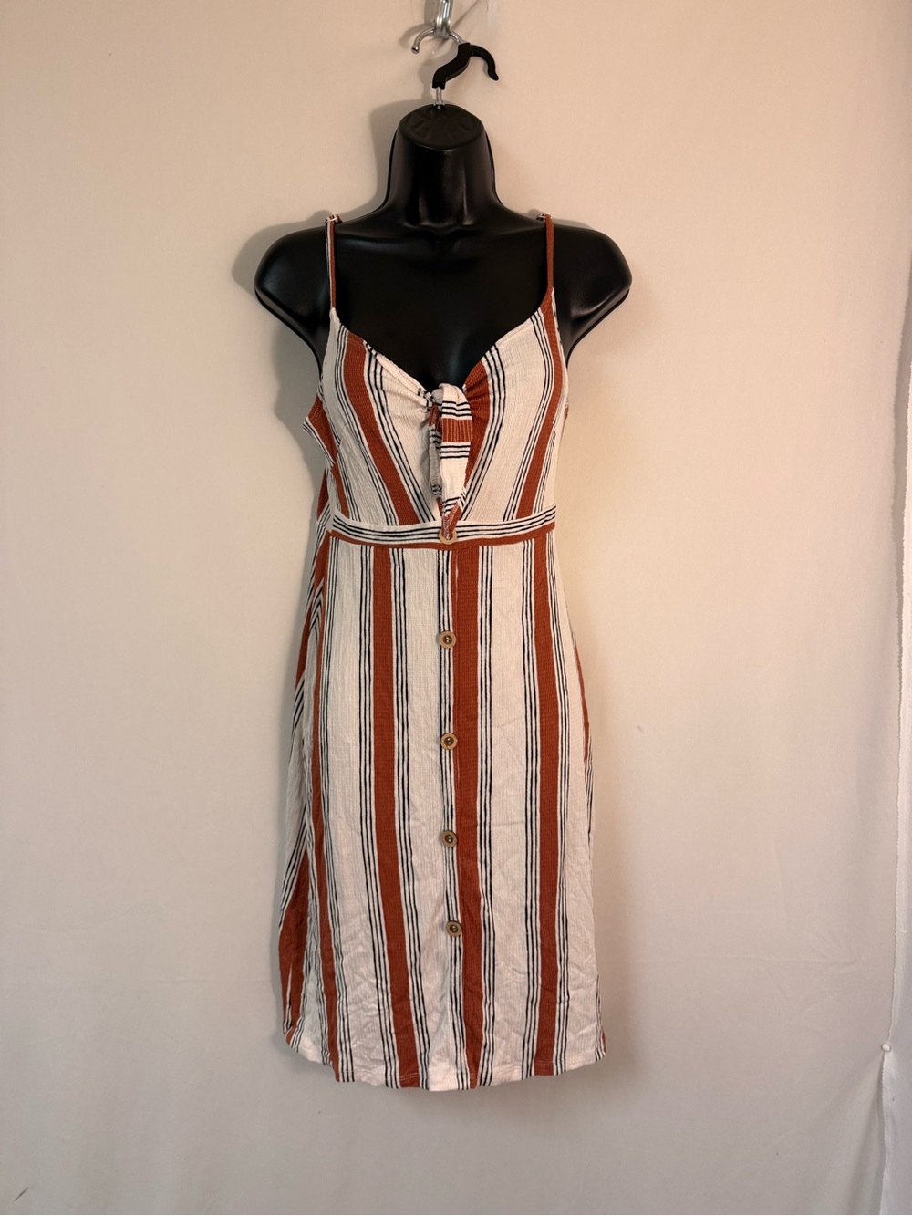 Love Tree Rust and Cream Striped Tie-Front Mini Dress